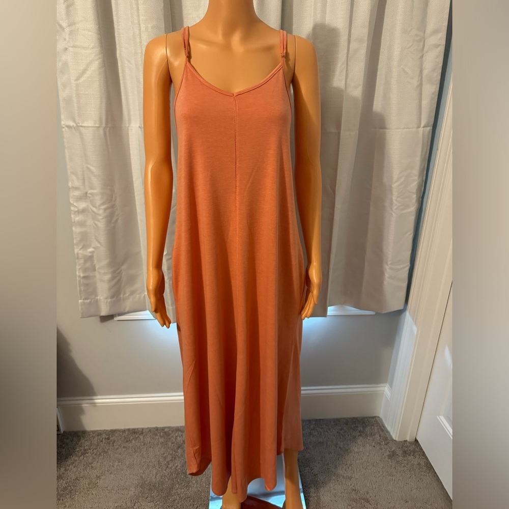 Pretty Three Bird Nest size M coral orange sleeveless midi dress pockets NWT